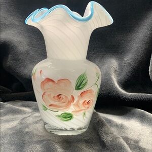 Fenton style for Telaflora white swirl glass vase with painted pink roses